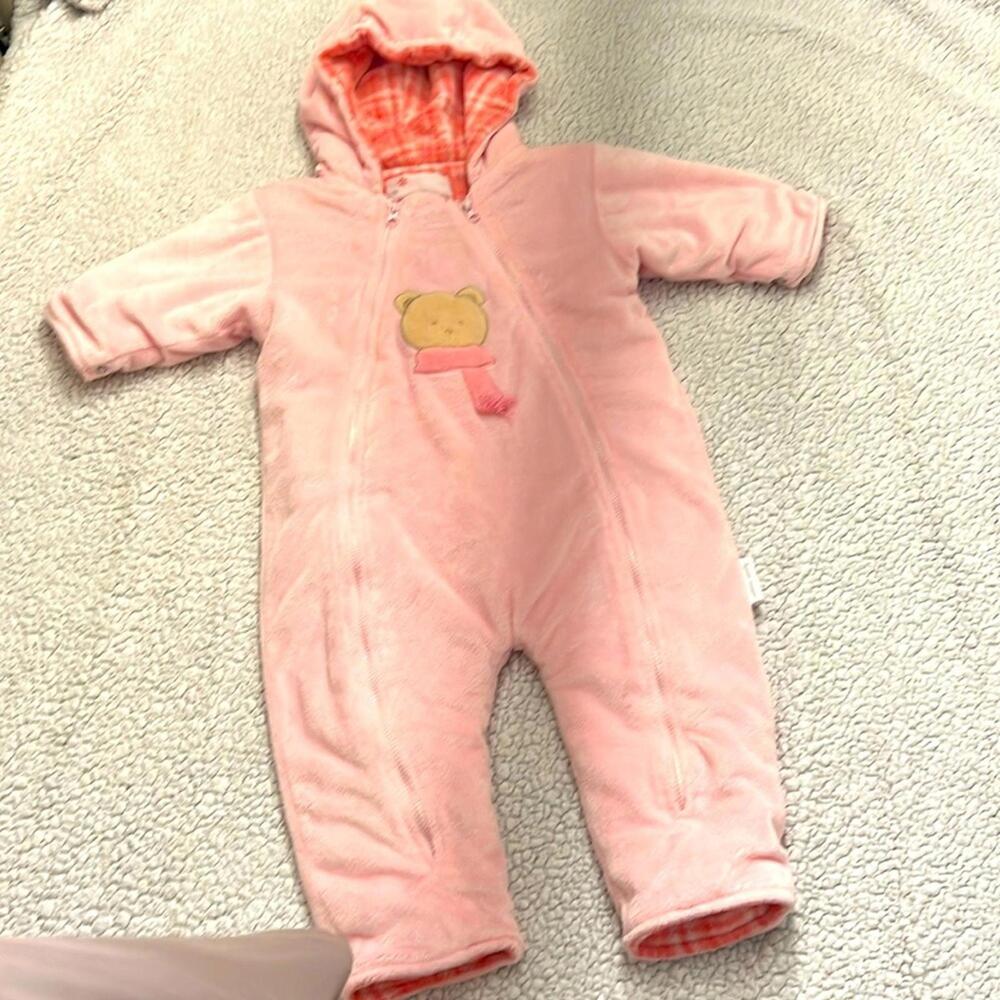 Baby Pink Fleece Hooded One-Piece Outerwear with Bear Design
